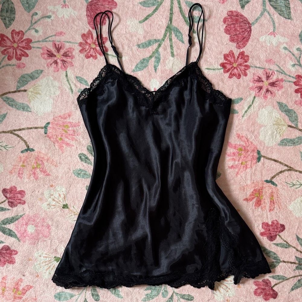 In Bloom Black Satin Lace Trim Slip